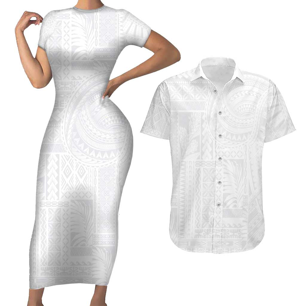 Lotu Tamaiti Samoan Art Tattoo Siapo Pattern Couples Matching Short Sleeve Bodycon Dress and Hawaiian Shirt LT03 White - Polynesian Pride