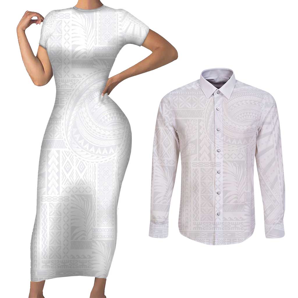 Lotu Tamaiti Samoan Art Tattoo Siapo Pattern Couples Matching Short Sleeve Bodycon Dress and Long Sleeve Button Shirt LT03 White - Polynesian Pride