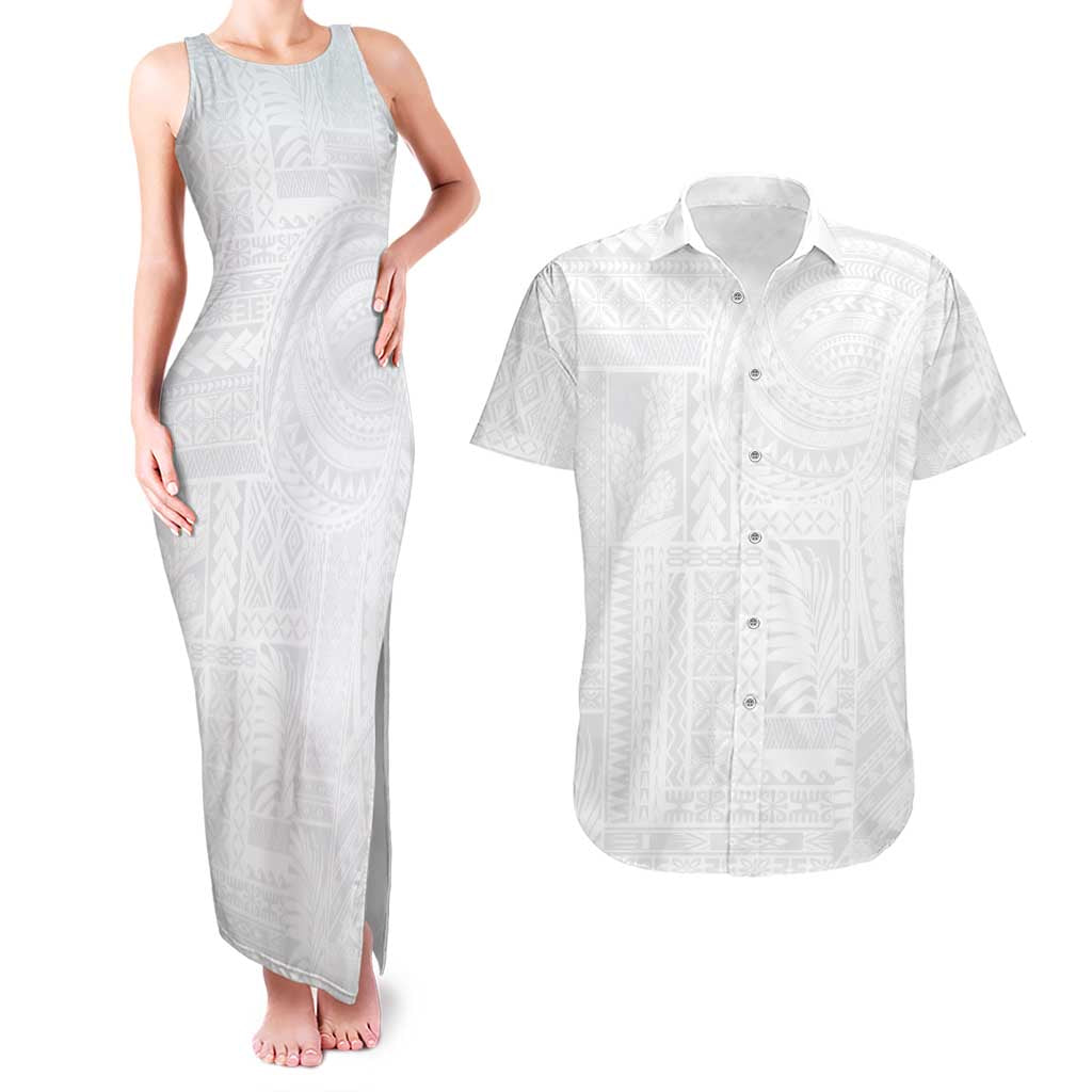 Lotu Tamaiti Samoan Art Tattoo Siapo Pattern Couples Matching Tank Maxi Dress and Hawaiian Shirt LT03 White - Polynesian Pride
