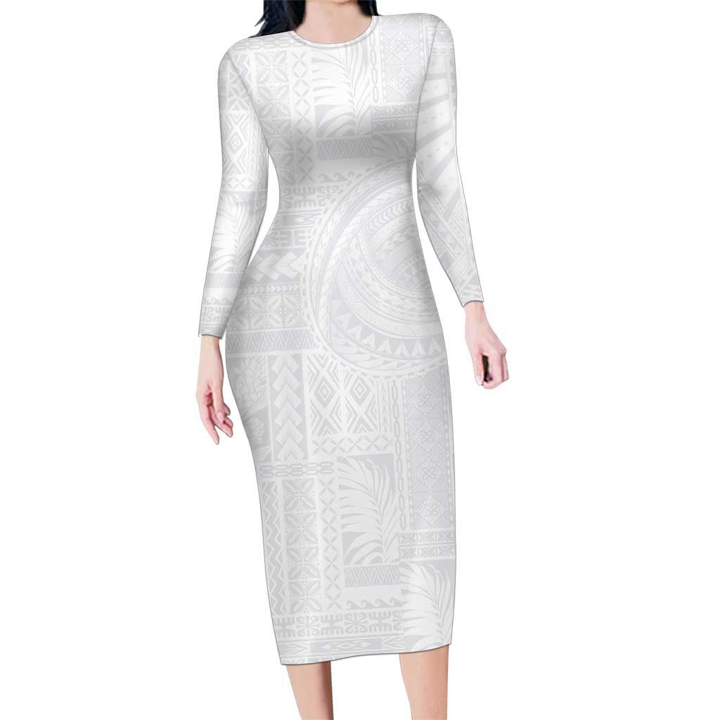 Lotu Tamaiti Samoan Art Tattoo Siapo Pattern Family Matching Long Sleeve Bodycon Dress and Hawaiian Shirt LT03 Mom's Dress White - Polynesian Pride
