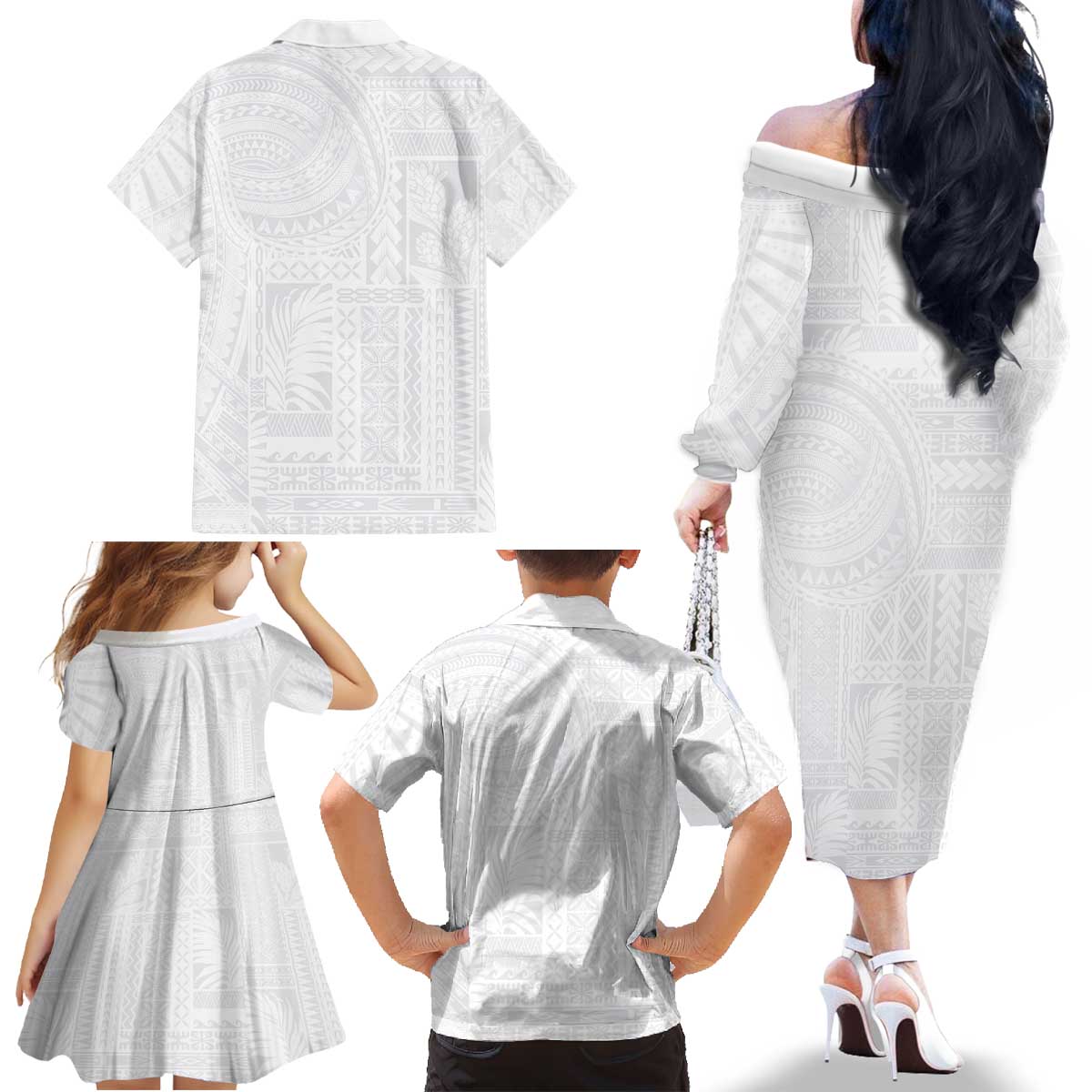 Lotu Tamaiti Samoan Art Tattoo Siapo Pattern Family Matching Off The Shoulder Long Sleeve Dress and Hawaiian Shirt LT03 - Polynesian Pride