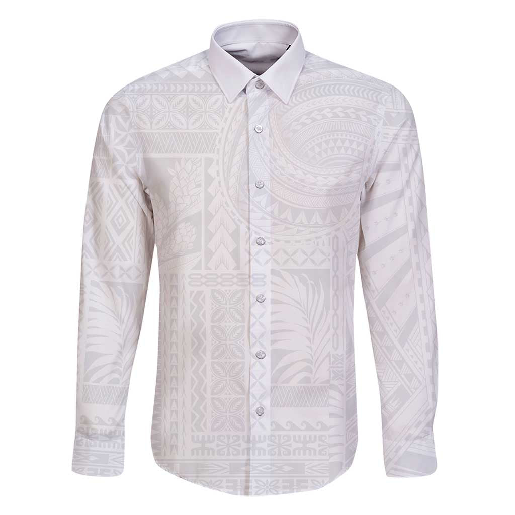 Lotu Tamaiti Samoan Art Tattoo Siapo Pattern Family Matching Off Shoulder Maxi Dress and Hawaiian Shirt LT03 Dad's Shirt - Long Sleeve White - Polynesian Pride