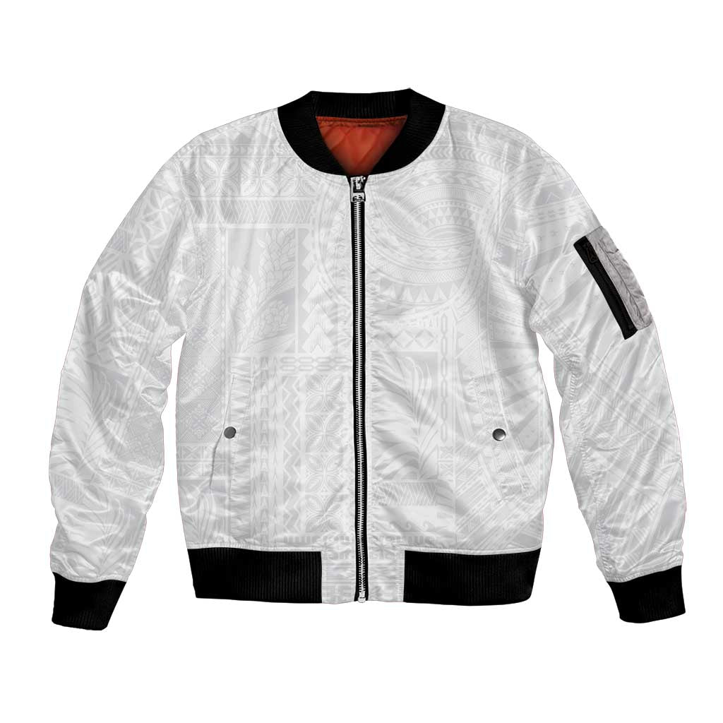 Lotu Tamaiti Samoan Art Tattoo Siapo Pattern Sleeve Zip Bomber Jacket LT03 Unisex White - Polynesian Pride