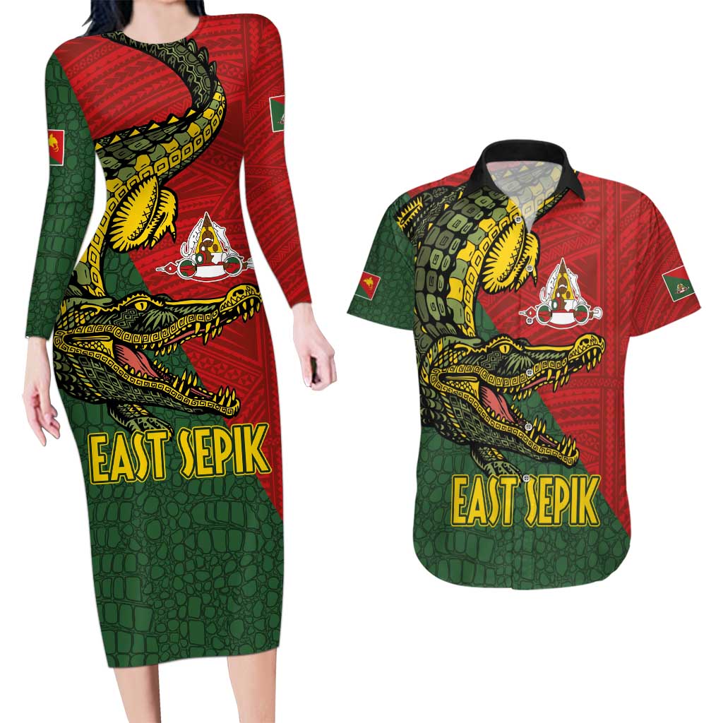 Sepik River Crocodile & Arts Festival Melanesian Pattern Couples Matching Long Sleeve Bodycon Dress and Hawaiian Shirt LT03 Red - Polynesian Pride