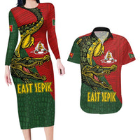 Sepik River Crocodile & Arts Festival Melanesian Pattern Couples Matching Long Sleeve Bodycon Dress and Hawaiian Shirt LT03 Red - Polynesian Pride