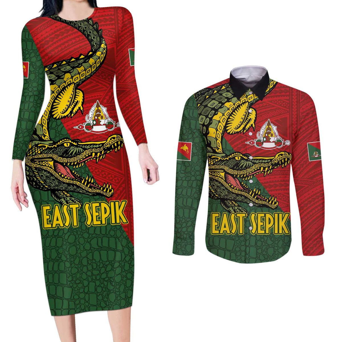 Sepik River Crocodile & Arts Festival Melanesian Pattern Couples Matching Long Sleeve Bodycon Dress and Long Sleeve Button Shirt LT03 Red - Polynesian Pride