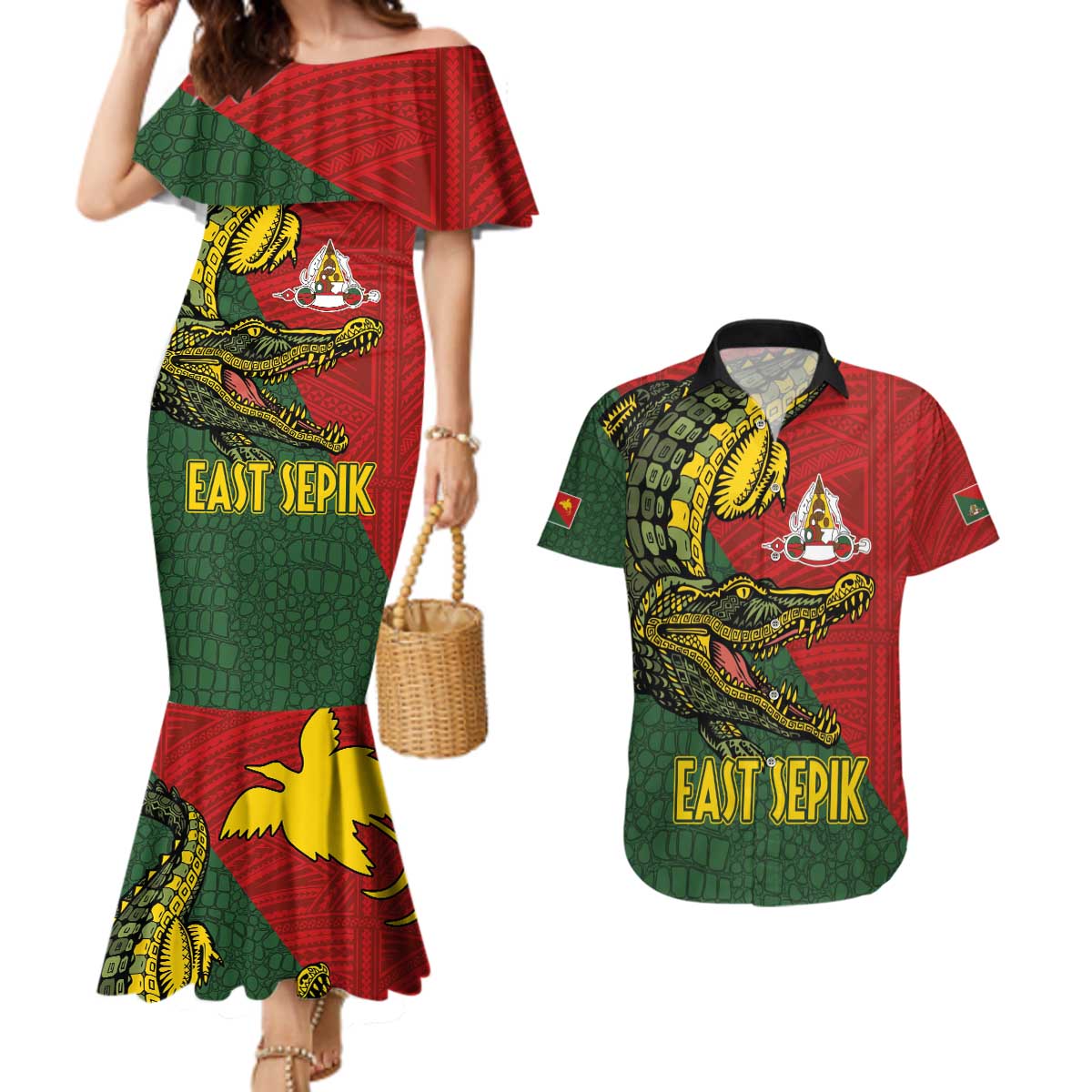 Sepik River Crocodile & Arts Festival Melanesian Pattern Couples Matching Mermaid Dress and Hawaiian Shirt LT03 Red - Polynesian Pride