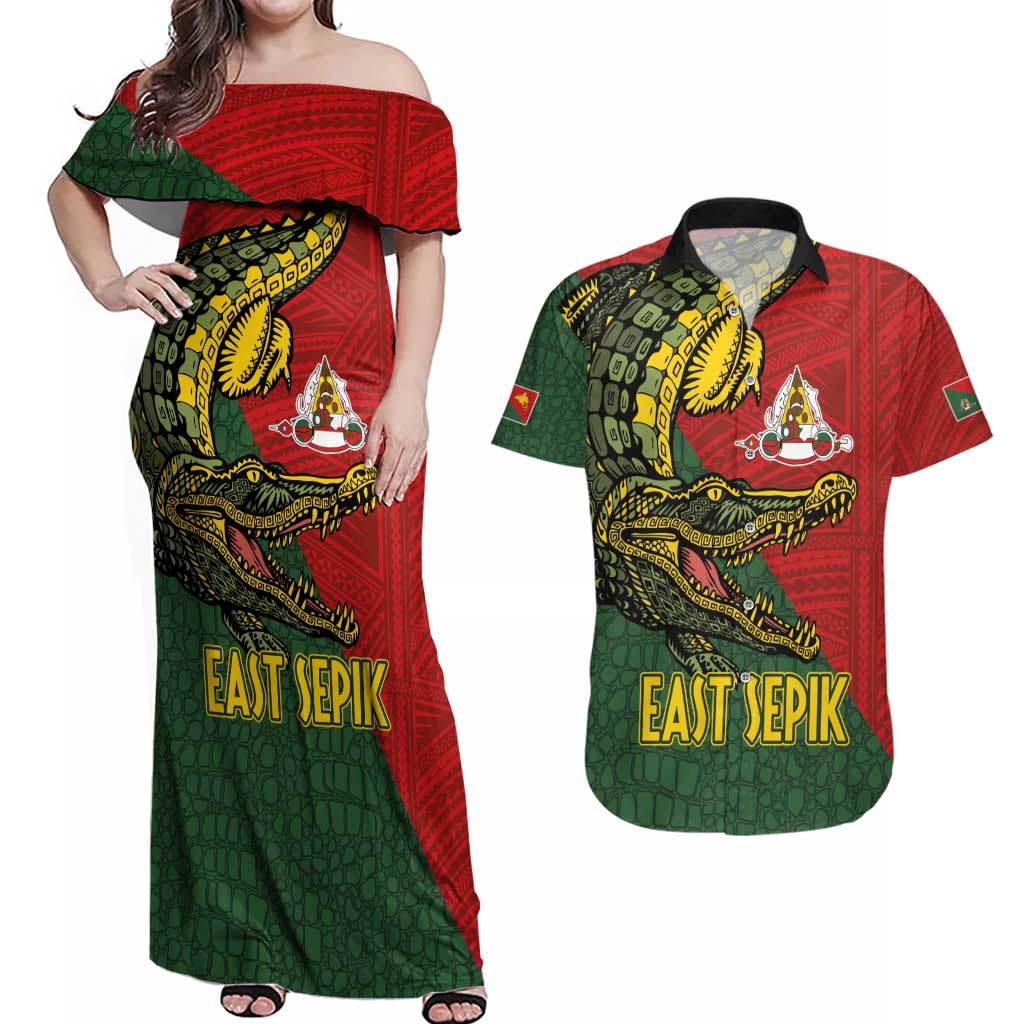 Sepik River Crocodile & Arts Festival Melanesian Pattern Couples Matching Off Shoulder Maxi Dress and Hawaiian Shirt LT03 Red - Polynesian Pride