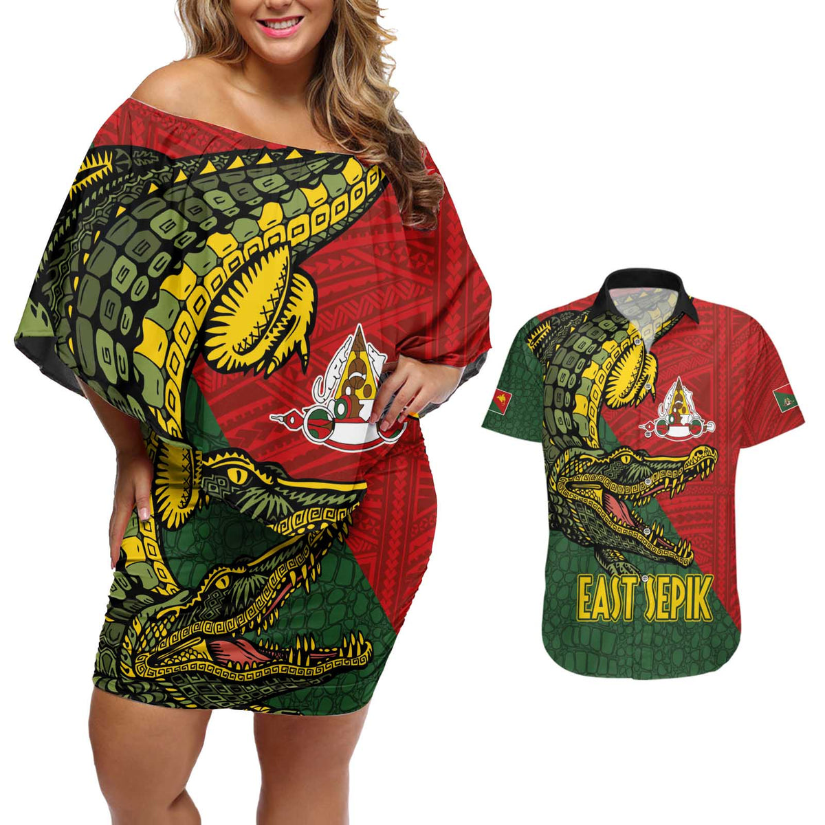 Sepik River Crocodile & Arts Festival Melanesian Pattern Couples Matching Off Shoulder Short Dress and Hawaiian Shirt LT03 Red - Polynesian Pride
