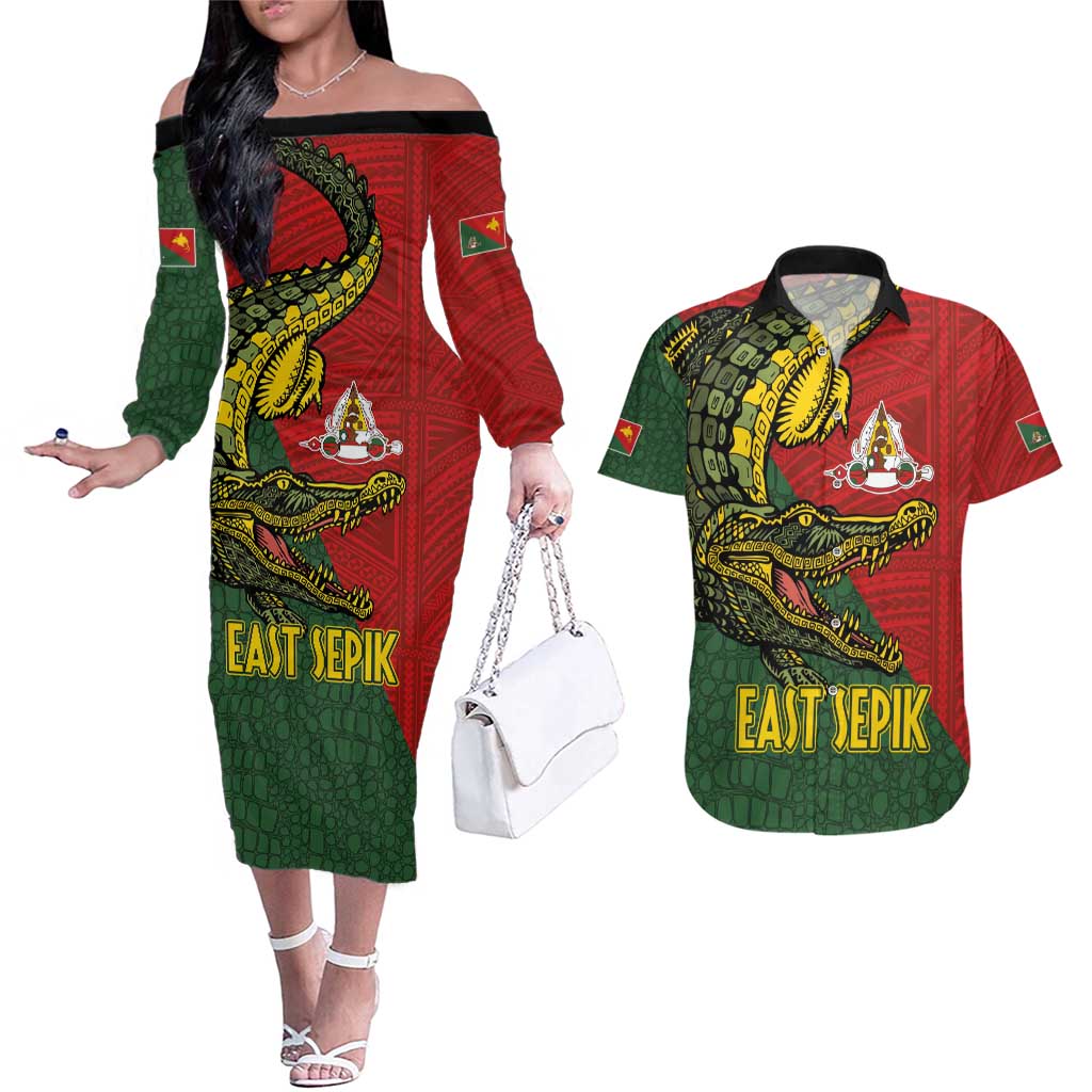 Sepik River Crocodile & Arts Festival Melanesian Pattern Couples Matching Off The Shoulder Long Sleeve Dress and Hawaiian Shirt