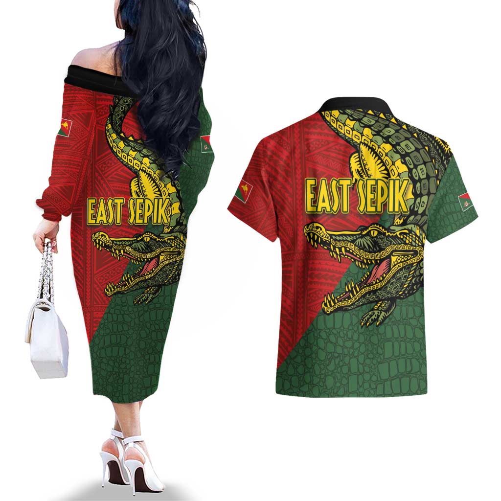 Sepik River Crocodile & Arts Festival Melanesian Pattern Couples Matching Off The Shoulder Long Sleeve Dress and Hawaiian Shirt LT03 - Polynesian Pride