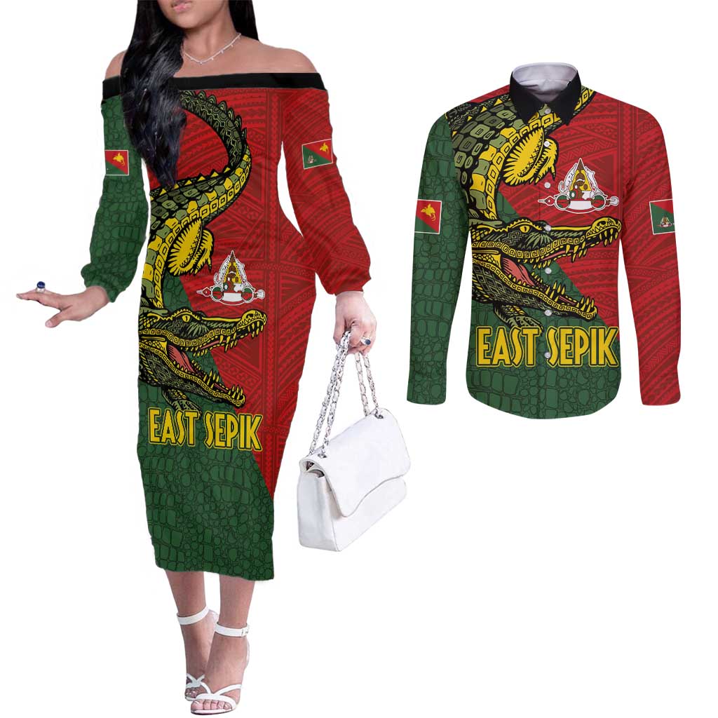 Sepik River Crocodile & Arts Festival Melanesian Pattern Couples Matching Off The Shoulder Long Sleeve Dress and Long Sleeve Button Shirt