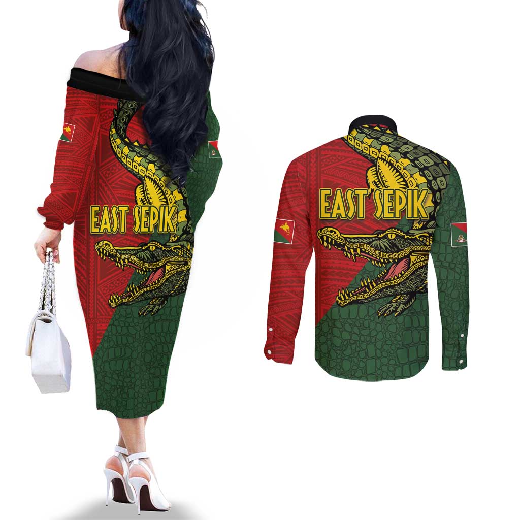 Sepik River Crocodile & Arts Festival Melanesian Pattern Couples Matching Off The Shoulder Long Sleeve Dress and Long Sleeve Button Shirt LT03 - Polynesian Pride