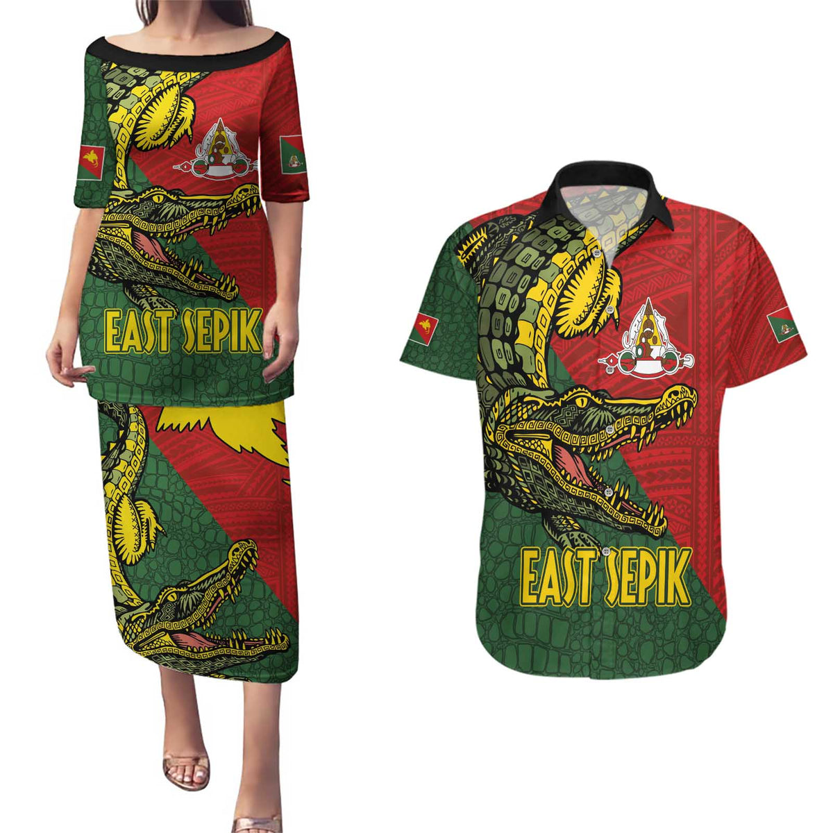 Sepik River Crocodile & Arts Festival Melanesian Pattern Couples Matching Puletasi and Hawaiian Shirt
