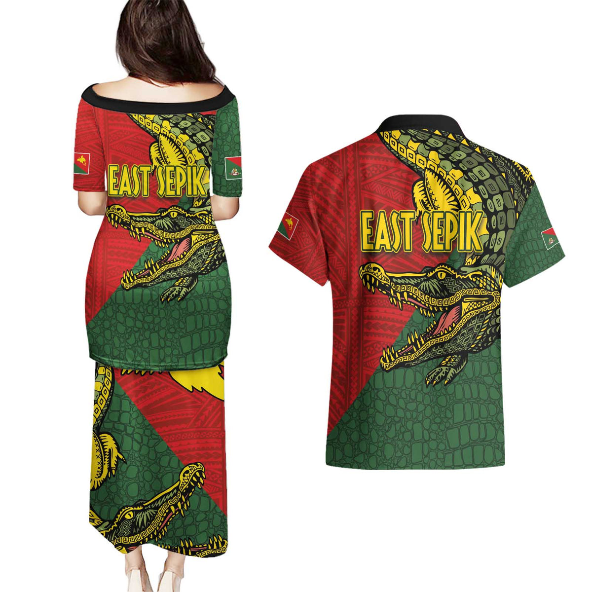 Sepik River Crocodile & Arts Festival Melanesian Pattern Couples Matching Puletasi and Hawaiian Shirt