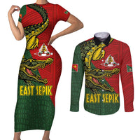 Sepik River Crocodile & Arts Festival Melanesian Pattern Couples Matching Short Sleeve Bodycon Dress and Long Sleeve Button Shirt LT03 Red - Polynesian Pride