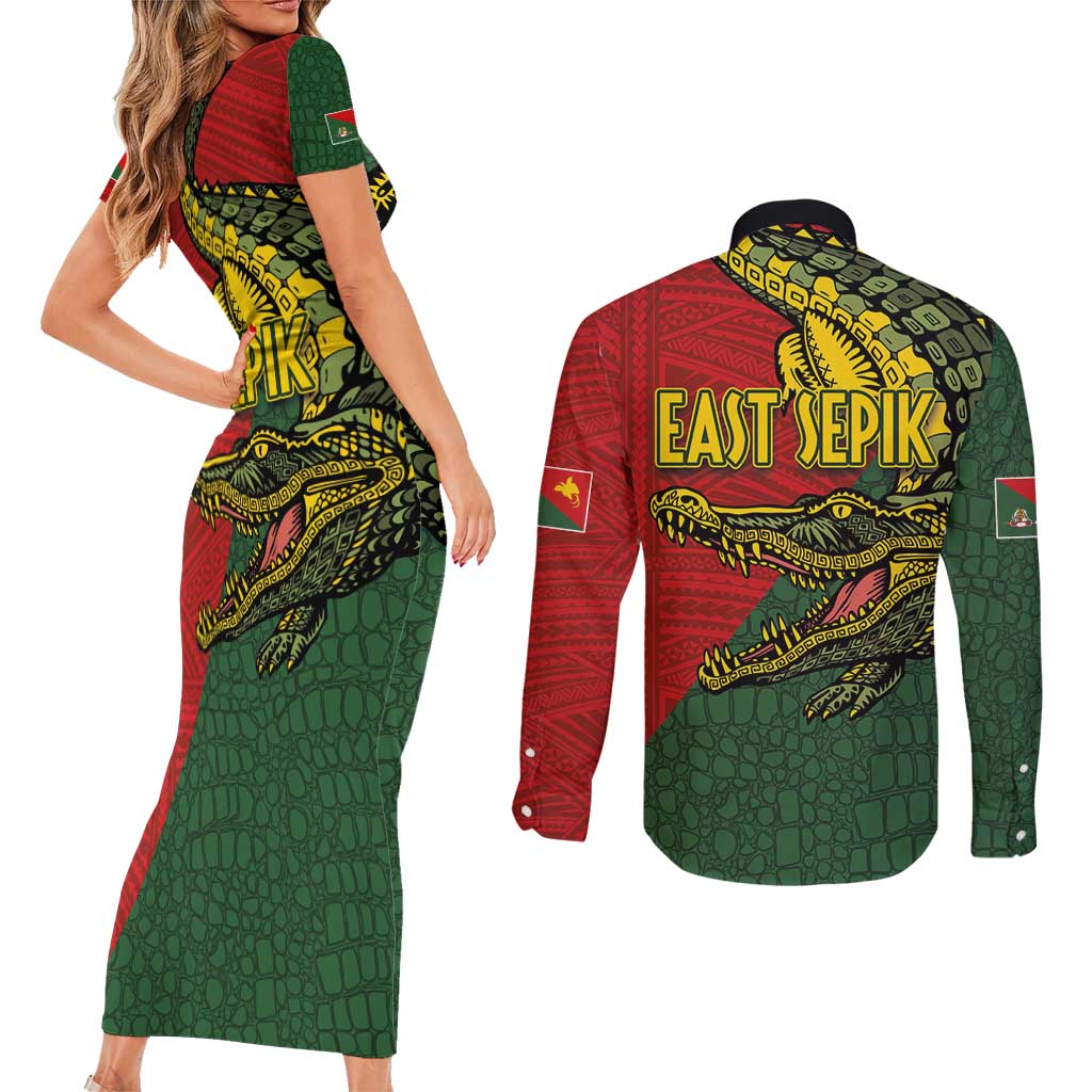 Sepik River Crocodile & Arts Festival Melanesian Pattern Couples Matching Short Sleeve Bodycon Dress and Long Sleeve Button Shirt LT03 - Polynesian Pride
