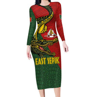 Sepik River Crocodile & Arts Festival Melanesian Pattern Family Matching Long Sleeve Bodycon Dress and Hawaiian Shirt LT03 Mom's Dress Red - Polynesian Pride
