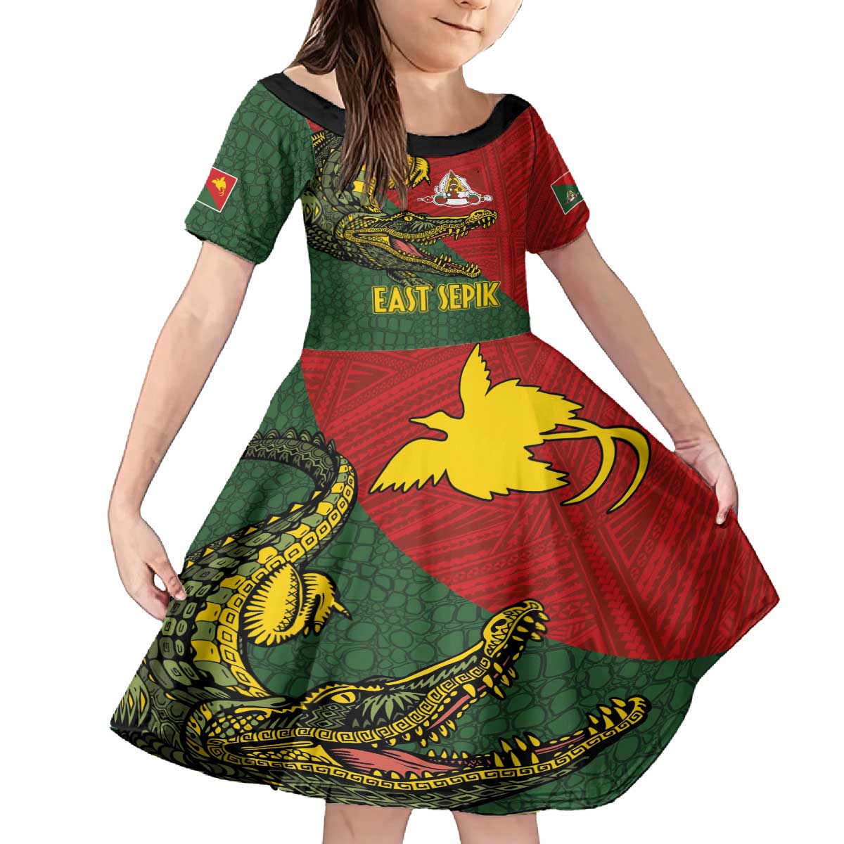 Sepik River Crocodile & Arts Festival Melanesian Pattern Family Matching Off The Shoulder Long Sleeve Dress and Hawaiian Shirt LT03 Daughter's Dress Red - Polynesian Pride
