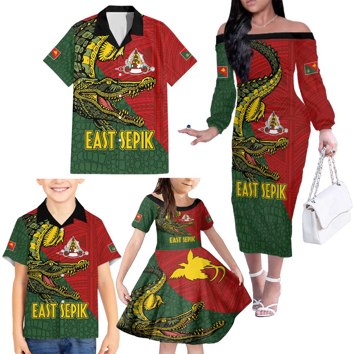 Sepik River Crocodile & Arts Festival Melanesian Pattern Family Matching Off The Shoulder Long Sleeve Dress and Hawaiian Shirt LT03 - Polynesian Pride
