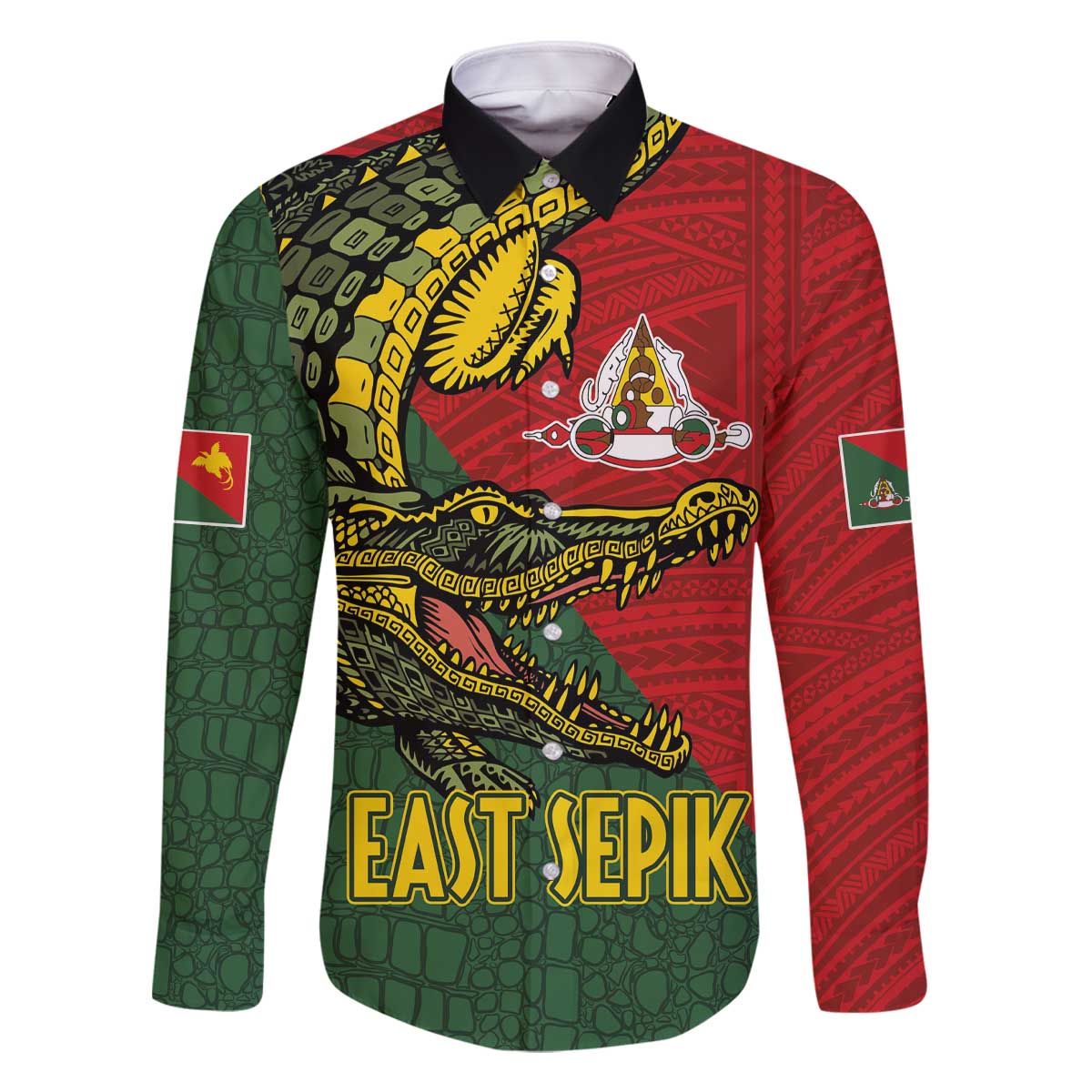 Sepik River Crocodile & Arts Festival Melanesian Pattern Family Matching Off Shoulder Short Dress and Hawaiian Shirt LT03 Dad's Shirt - Long Sleeve Red - Polynesian Pride