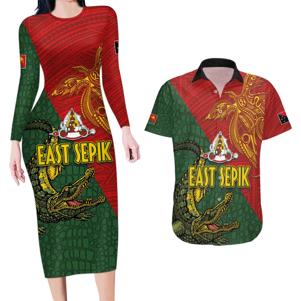 Sepik River Crocodile & Arts Festival Couples Matching Long Sleeve Bodycon Dress and Hawaiian Shirt Bird-of-paradise Melanesian Tattoo LT03 Red - Polynesian Pride