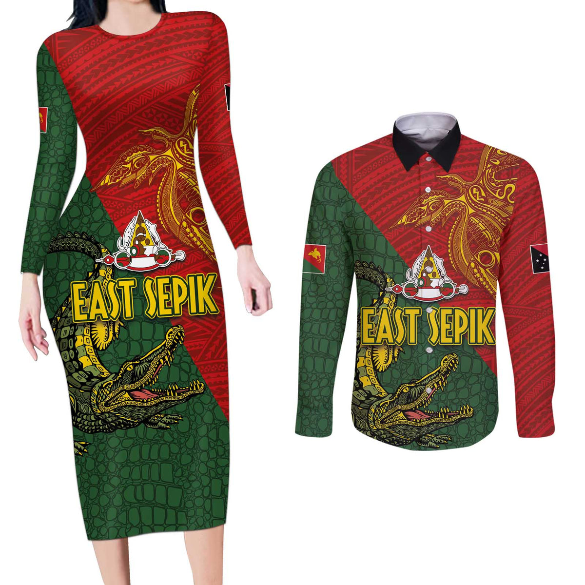 Sepik River Crocodile & Arts Festival Couples Matching Long Sleeve Bodycon Dress and Long Sleeve Button Shirt Bird-of-paradise Melanesian Tattoo LT03 Red - Polynesian Pride