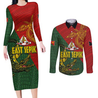 Sepik River Crocodile & Arts Festival Couples Matching Long Sleeve Bodycon Dress and Long Sleeve Button Shirt Bird-of-paradise Melanesian Tattoo LT03 Red - Polynesian Pride