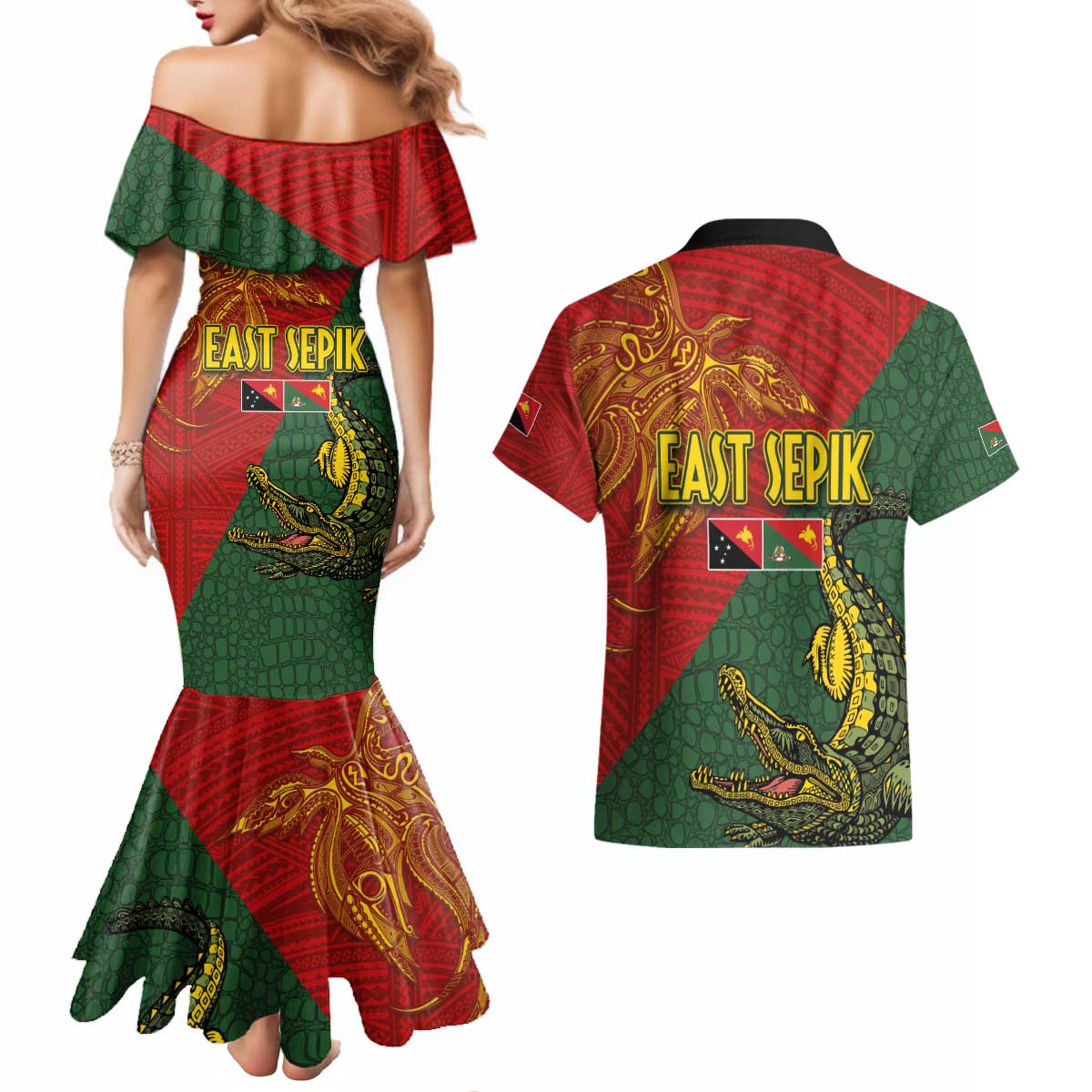 Sepik River Crocodile & Arts Festival Couples Matching Mermaid Dress and Hawaiian Shirt Bird-of-paradise Melanesian Tattoo LT03 - Polynesian Pride