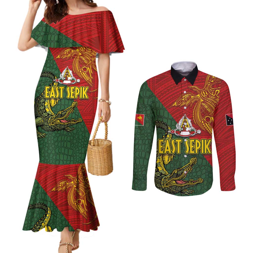 Sepik River Crocodile & Arts Festival Couples Matching Mermaid Dress and Long Sleeve Button Shirt Bird-of-paradise Melanesian Tattoo LT03 Red - Polynesian Pride