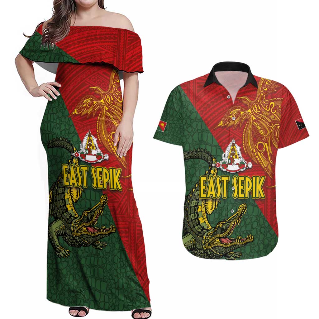 Sepik River Crocodile & Arts Festival Couples Matching Off Shoulder Maxi Dress and Hawaiian Shirt Bird-of-paradise Melanesian Tattoo LT03 Red - Polynesian Pride