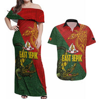 Sepik River Crocodile & Arts Festival Couples Matching Off Shoulder Maxi Dress and Hawaiian Shirt Bird-of-paradise Melanesian Tattoo LT03 Red - Polynesian Pride