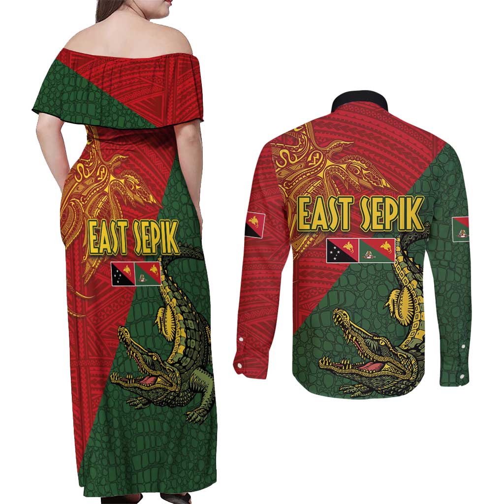 Sepik River Crocodile & Arts Festival Couples Matching Off Shoulder Maxi Dress and Long Sleeve Button Shirt Bird-of-paradise Melanesian Tattoo LT03 - Polynesian Pride