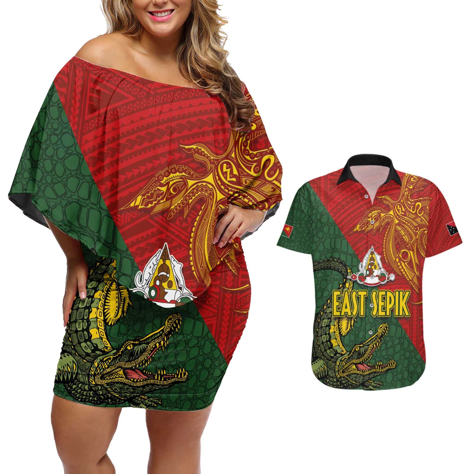 Sepik River Crocodile & Arts Festival Couples Matching Off Shoulder Short Dress and Hawaiian Shirt Bird-of-paradise Melanesian Tattoo