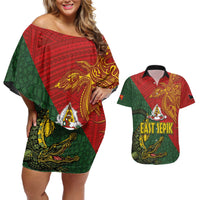 Sepik River Crocodile & Arts Festival Couples Matching Off Shoulder Short Dress and Hawaiian Shirt Bird-of-paradise Melanesian Tattoo LT03 Red - Polynesian Pride