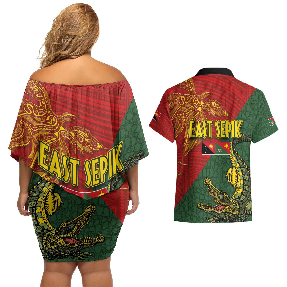 Sepik River Crocodile & Arts Festival Couples Matching Off Shoulder Short Dress and Hawaiian Shirt Bird-of-paradise Melanesian Tattoo LT03 - Polynesian Pride