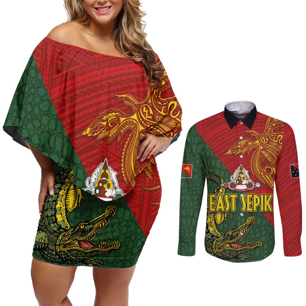 Sepik River Crocodile & Arts Festival Couples Matching Off Shoulder Short Dress and Long Sleeve Button Shirt Bird-of-paradise Melanesian Tattoo
