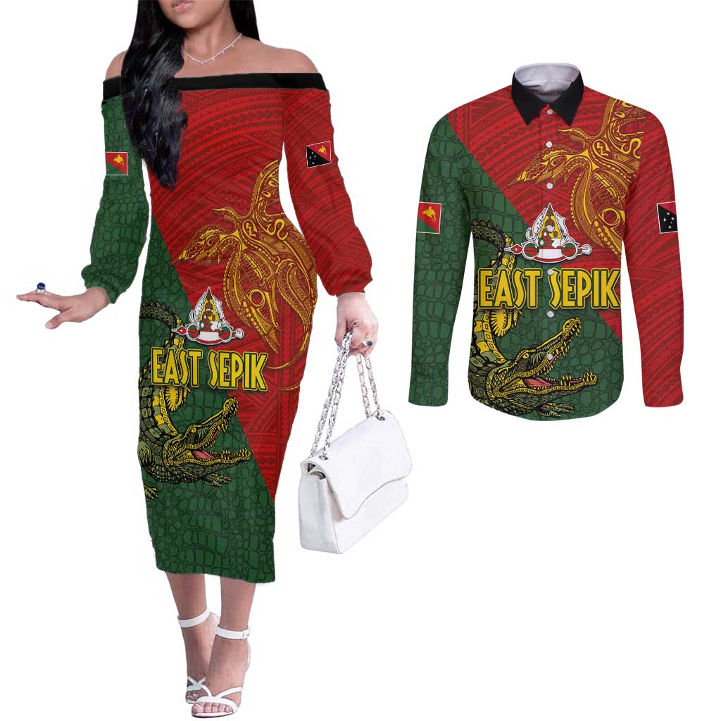 Sepik River Crocodile & Arts Festival Couples Matching Off The Shoulder Long Sleeve Dress and Long Sleeve Button Shirt Bird-of-paradise Melanesian Tattoo