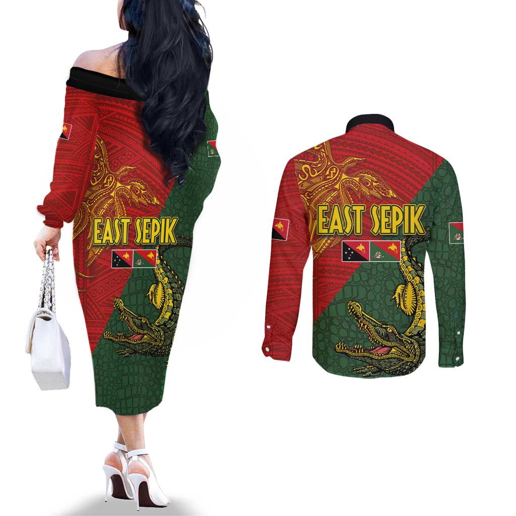 Sepik River Crocodile & Arts Festival Couples Matching Off The Shoulder Long Sleeve Dress and Long Sleeve Button Shirt Bird-of-paradise Melanesian Tattoo LT03 - Polynesian Pride
