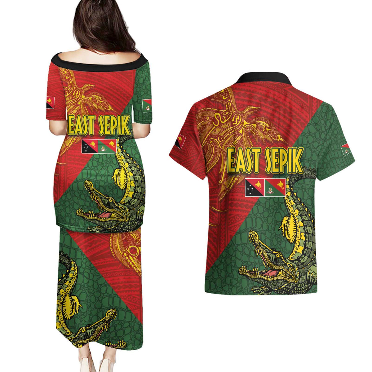 Sepik River Crocodile & Arts Festival Couples Matching Puletasi and Hawaiian Shirt Bird-of-paradise Melanesian Tattoo LT03 - Polynesian Pride