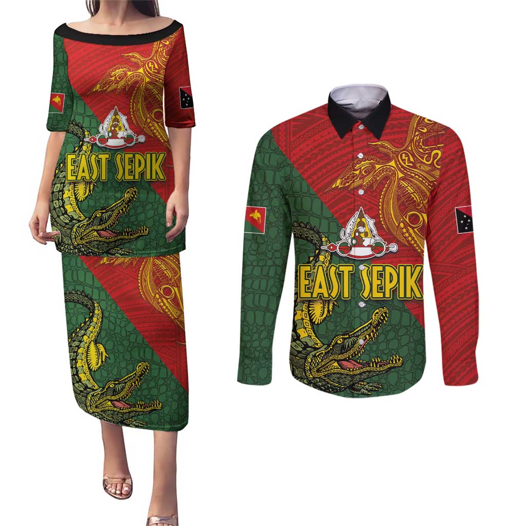 Sepik River Crocodile & Arts Festival Couples Matching Puletasi and Long Sleeve Button Shirt Bird-of-paradise Melanesian Tattoo