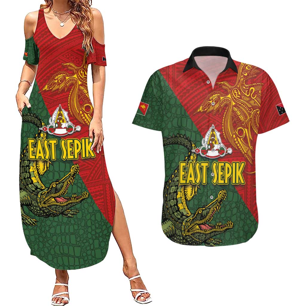 Sepik River Crocodile & Arts Festival Couples Matching Summer Maxi Dress and Hawaiian Shirt Bird-of-paradise Melanesian Tattoo LT03 Red - Polynesian Pride