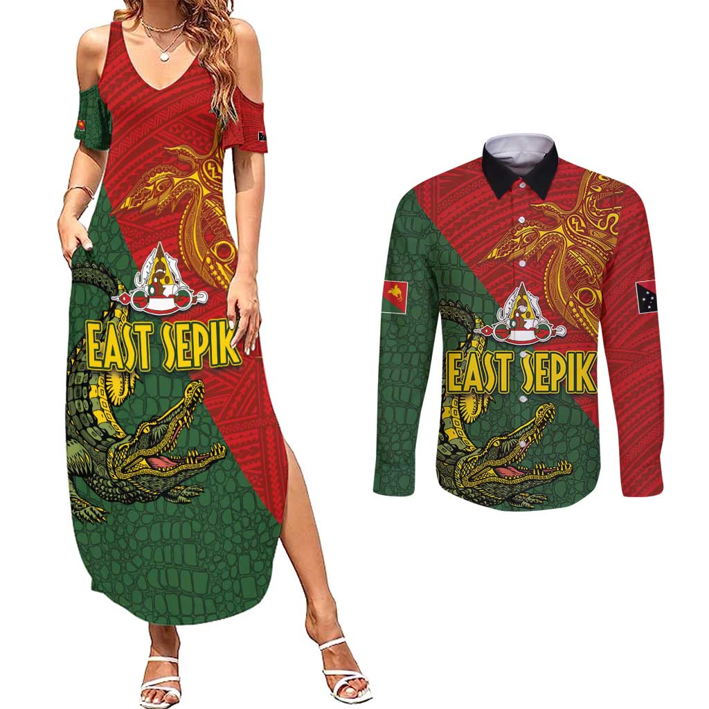 Sepik River Crocodile & Arts Festival Couples Matching Summer Maxi Dress and Long Sleeve Button Shirt Bird-of-paradise Melanesian Tattoo LT03 Red - Polynesian Pride