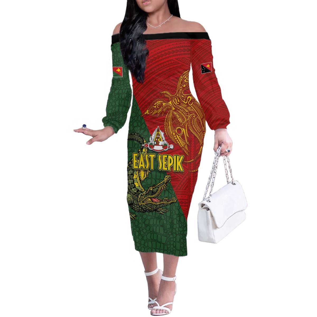 Sepik River Crocodile & Arts Festival Family Matching Off The Shoulder Long Sleeve Dress and Hawaiian Shirt Bird-of-paradise Melanesian Tattoo LT03 Mom's Dress Red - Polynesian Pride
