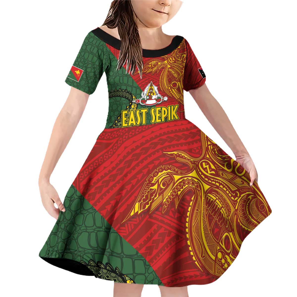 Sepik River Crocodile & Arts Festival Family Matching Off Shoulder Short Dress and Hawaiian Shirt Bird-of-paradise Melanesian Tattoo LT03 Daughter's Dress Red - Polynesian Pride