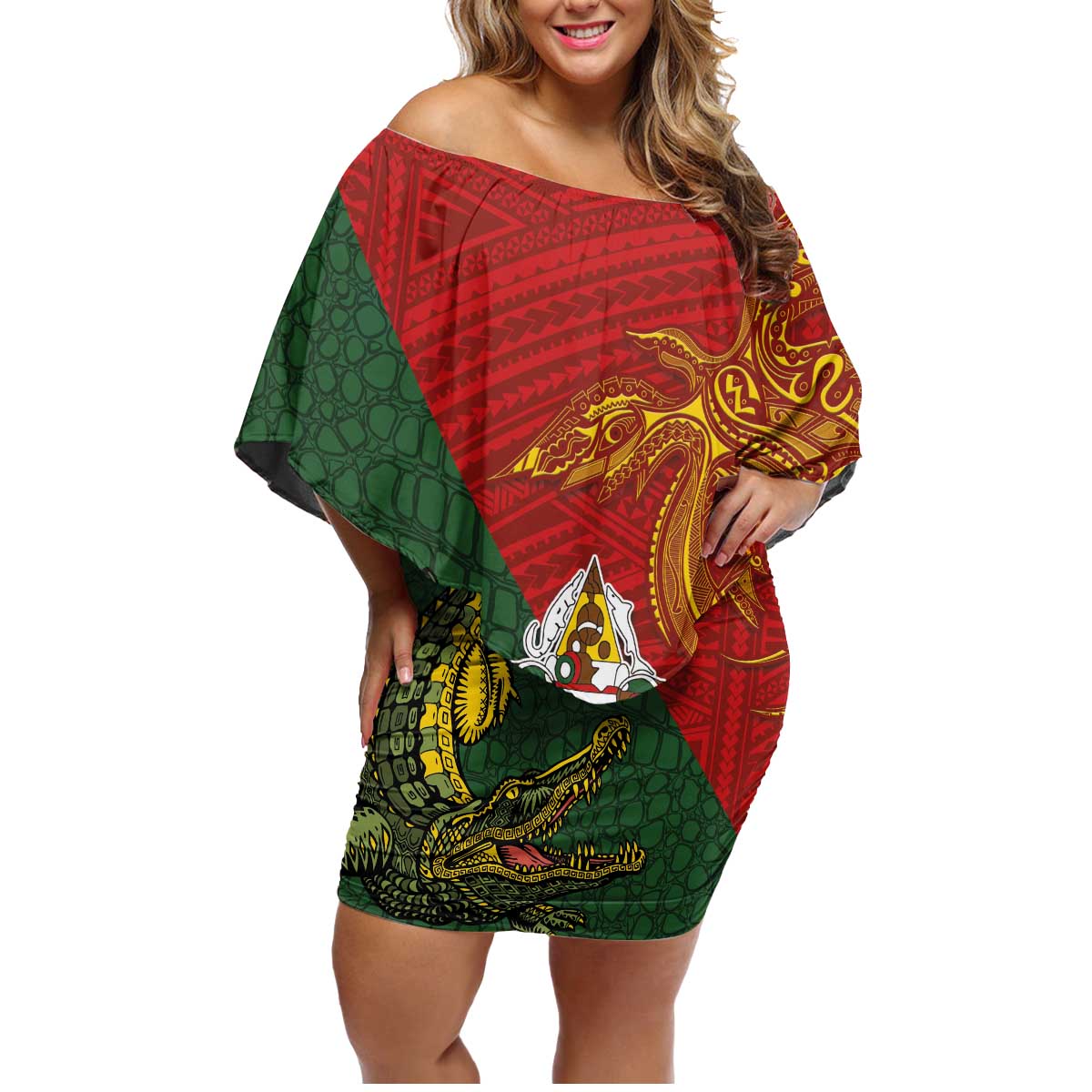 Sepik River Crocodile & Arts Festival Family Matching Off Shoulder Short Dress and Hawaiian Shirt Bird-of-paradise Melanesian Tattoo LT03 Mom's Dress Red - Polynesian Pride