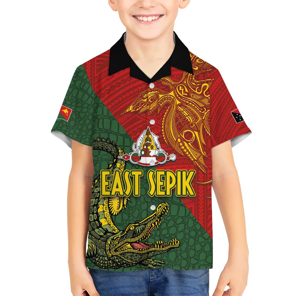 Sepik River Crocodile & Arts Festival Family Matching Off Shoulder Short Dress and Hawaiian Shirt Bird-of-paradise Melanesian Tattoo LT03 Son's Shirt Red - Polynesian Pride