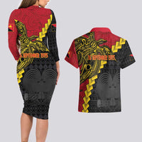 Papua New Guinea Independence Day Couples Matching Long Sleeve Bodycon Dress and Hawaiian Shirt Bird-of-paradise Melanesian Tattoo LT03 - Polynesian Pride