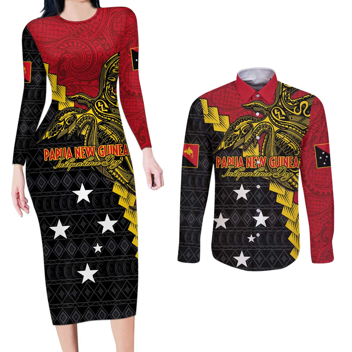 Papua New Guinea Independence Day Couples Matching Long Sleeve Bodycon Dress and Long Sleeve Button Shirt Bird-of-paradise Melanesian Tattoo LT03 Red - Polynesian Pride