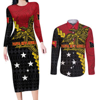Papua New Guinea Independence Day Couples Matching Long Sleeve Bodycon Dress and Long Sleeve Button Shirt Bird-of-paradise Melanesian Tattoo LT03 Red - Polynesian Pride